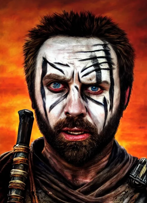 Prompt: portrait of charlie day ( ( charlie from its always sunny in philadelphia ) ) as warlord villain character ( with facepaint ) in mad max 2 : the road warrior, film still, detailed realism face in painting, detailed beautiful portrait, oil painting masterpiece, 8 k resolution, smooth, sharp focus, trending on artstation, by rembrandt