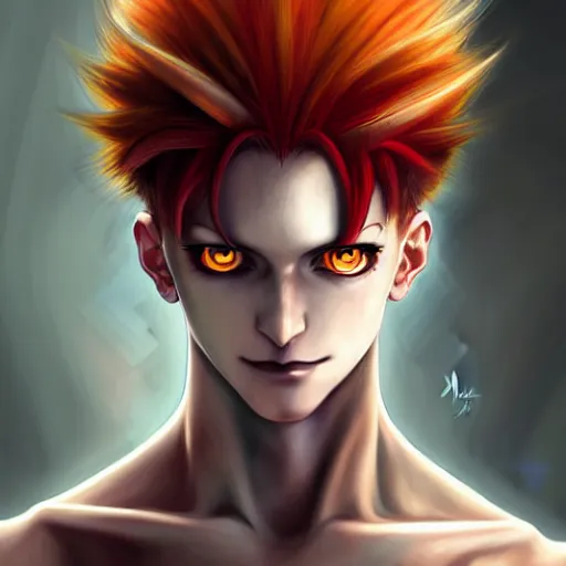 Prompt: portrait of hisoka morow hunterxhunter, male, thin lips very sharp jaw yellow eyes narrow sultry eyes red hair soft hair swept back crimson medium length hair, anime, fantasy, intricate, elegant, highly detailed, digital painting, artstation sharp focus, madonna art by artgerm and greg rutkowski and alphonse mucha