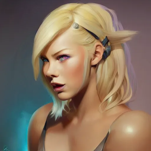 Image similar to portrait of beautiful girl with blond hair and blue eyes, League of Legend illustration by Sam Youn:2, profile picture by Gil Elvgren:2, asymmetrical, Organic Painting, Ambient Occlusion:3, Matte Painting, bold shapes, hard edges, street art, trending on artstation, realistic:2 by Sachin Teng:5