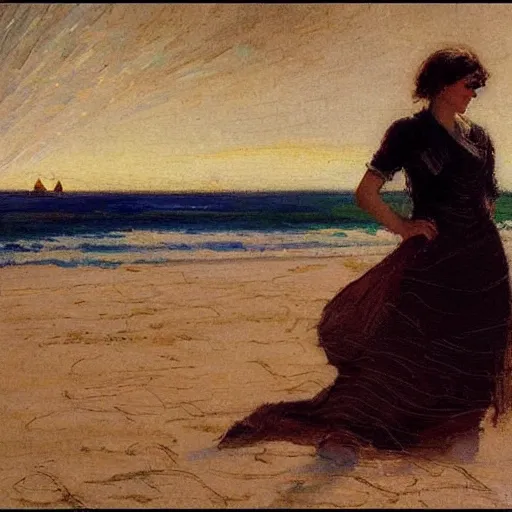 Prompt: woman on the beach, dean cornwell style,