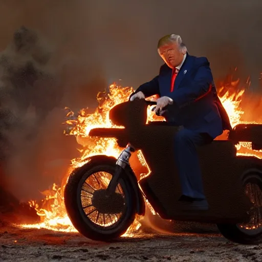 Prompt: Donald trump in a fire-y landscape, riding a motorbike without the helmet on