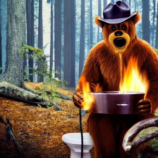 Prompt: UHD candid photo of Smokey The Bear in the lavatory sitting on a porcelain throne, playing with fire, by Annie leibowitz, photorealisitc, extremely detailed