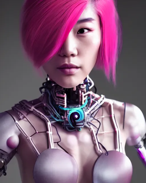 Prompt: portrait of a beautiful asian woman with pink hair as a cyberpunk cyborg half robot, skin open to reveal wires and electronics, sci - fi, missing panels, intricate abstract upper body intricate artwork, concept art, octane render, deviantart, cinematic, key art, hyperrealism, iridescent accents, portrait photograph, nikon 3 5 mm, photograph by greg rutkowski