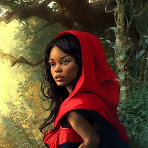 Image similar to Beautiful Portrait of Little Red Riding Hood with a black panther, intricate, wild, highly detailed, digital painting, artstation, concept art, smooth, sharp focus, illustration, art by artgerm and greg rutkowski and alphonse mucha, footage from space camera