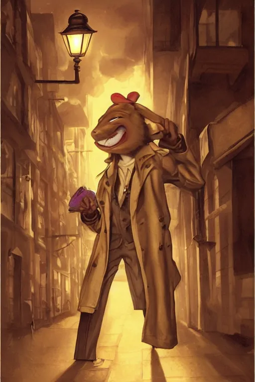 Image similar to Chuck E. Cheez wearing a trench coat, standing in an alley way, lit by streetlight, dealing illegal cheese, artstation, by J. C. Leyendecker and Peter Paul Rubens,