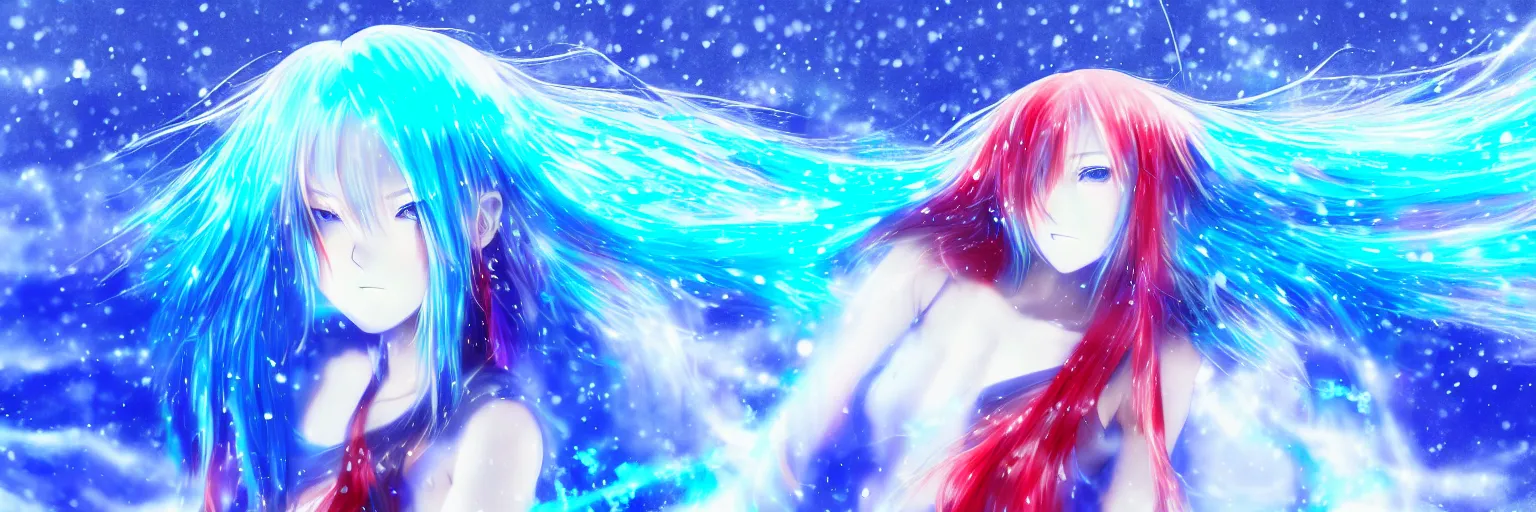 Image similar to glitched background, broken screen, advanced digital anime art, a very cute gorgeous teenage girl with a body made of fire and ice , full body, very long snow colored hair, sky blue highlights in hair, red fiery watery eyes, wearing a dress made of water, full round face, dramatic cinematic lighting, wideshot, highly intricately detailed, trending on pixiv, Artstation, painted by Rossdraws and the style of Sakimimichan