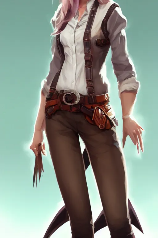 Prompt: full body, katherine mcnamara cowgirl, perfect face, white blouse, holster, 8 k, magic the gathering, desert, d & d, artstation, high detail, smooth, sweaty character concepts by senior concept artist