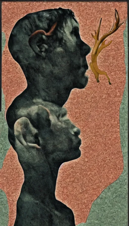 Image similar to a faun in profile, collage in the style of hannah hoch