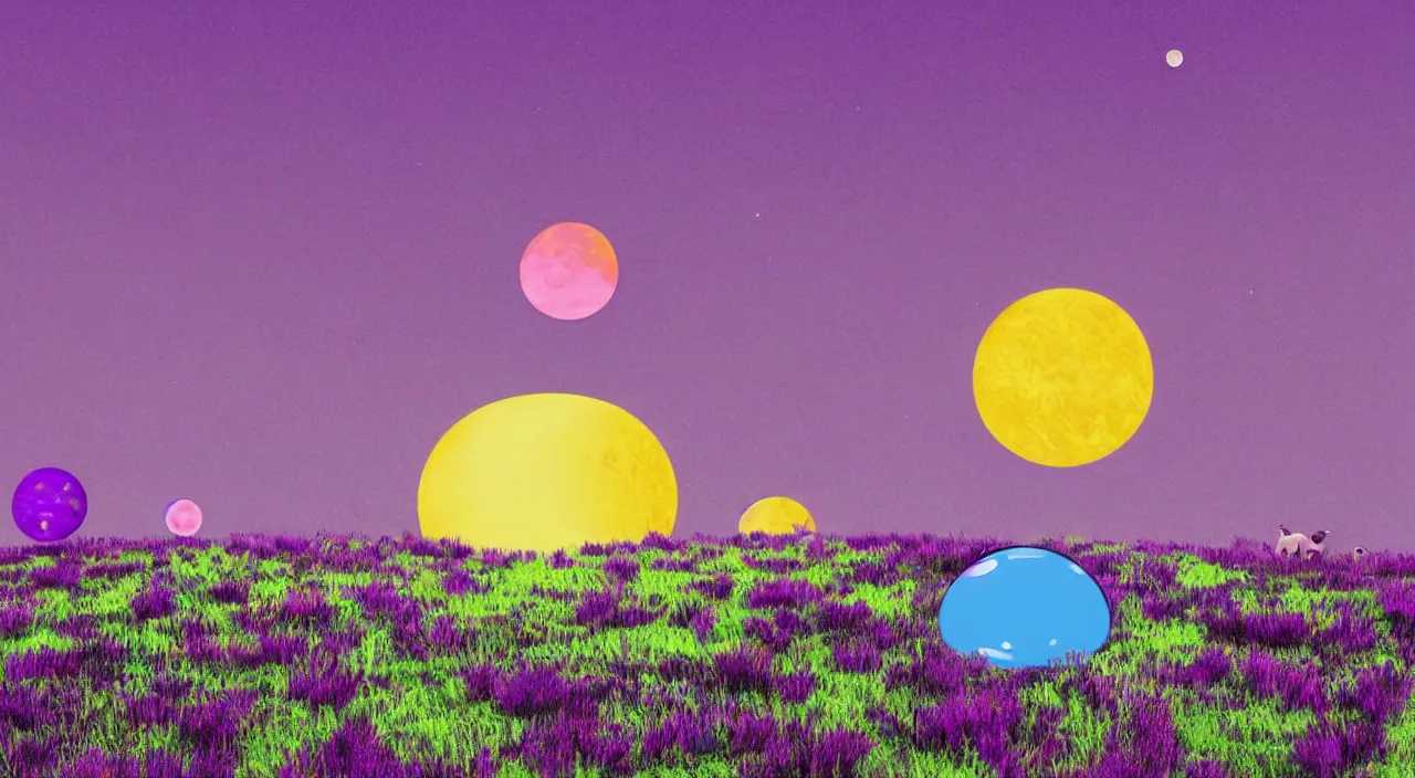 Prompt: syzygy of sun aligned with earth and moon above purple sheep seeking shade below solar panels above pink grass on a giant flying saucer. disney remake of supervips by bruno bozzetto.