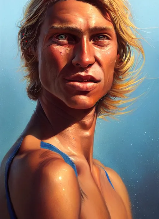 Prompt: a detailed painted portrait of an californian born surfer by artist hadi karimi, wlop, artgerm, greg rutkowski, slightly happy facial expression, dramatic lowkey studio lighting, accurate skin textures, hyperrealism, aesthetically pleasing and harmonious vintage colors