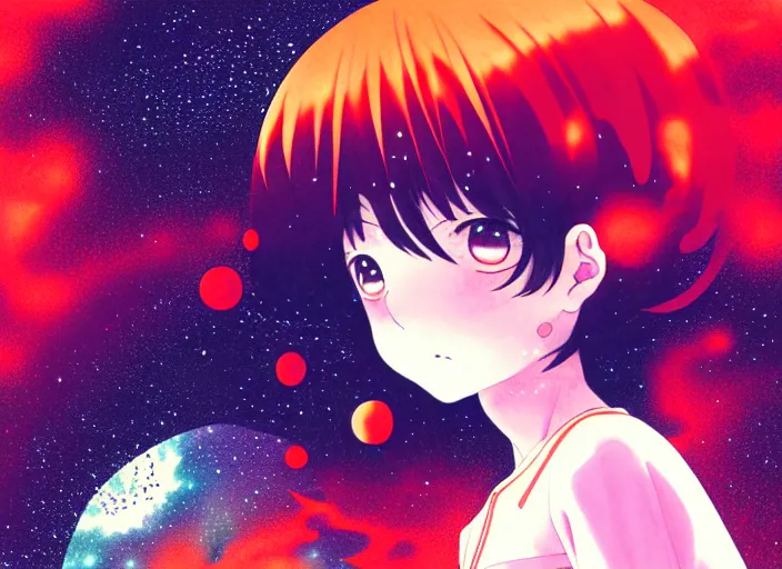 Prompt: anime full portrait of a young girl floating inside a nebula ,omoide emanon, tsuruta kenji, murata range,kawaii, kyoto animation, manga, intricate, detailed, studio lighting, orange red black white, gradation,editorial illustration, matte print, Ilya Kuvshinov