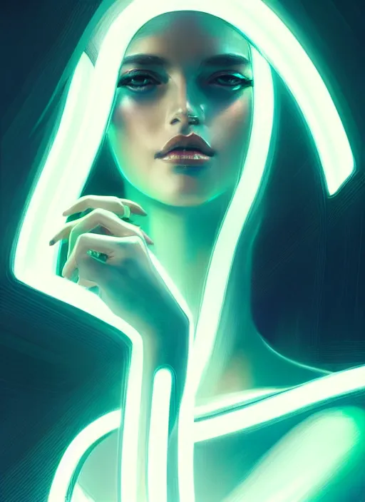 Image similar to portrait of female humanoid from 6 0 s era, intricate, elegant, cyber neon lights, highly detailed, digital painting, artstation, glamor pose, concept art, smooth, sharp focus, illustration, art by artgerm and greg rutkowski