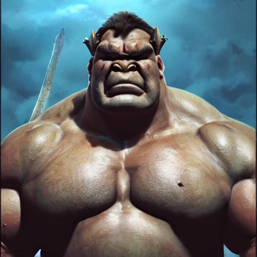 Image similar to upper body portrait of a heavily armoured hulking herculean chiseled john candy as a fantasy barbarian pirate orc ork, sunrays, cinematic lighting, photorealistic, octane render, 8 k, depth of field, 3 d, art by artgerm and greg rutkowski and alphonse mucha and uang guangjian and gil elvgren and sachin ten