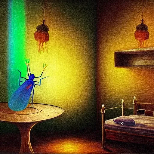 Prompt: a vivid bug with fringes of light and color enters a hostel room and lights a candle, fantasy art