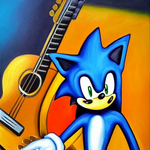 Image similar to oil painting of a sonic plays guitar