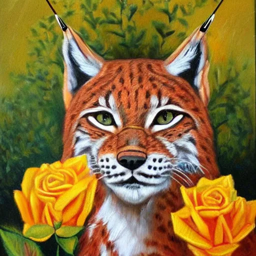 Prompt: lynx wearing a crown!! made out of golden roses, crown!!! crown, an expressive oil painting, high quality art,