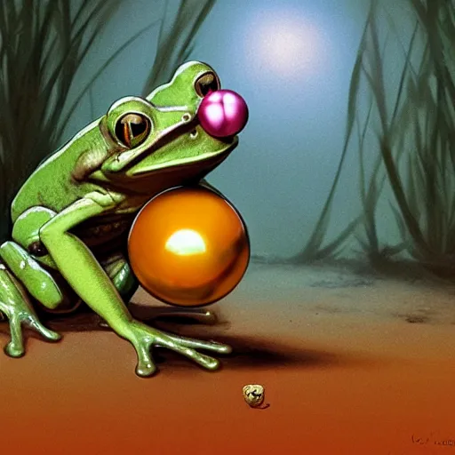 Image similar to ground level wide angle shot of a cute frog bowling with a golden metal ball, concept art, by esao andrews, by m. w. kaluta, by pixar, volumetric light, rich colors, very humorous!!!, realistic reflections, smooth, depth perception, shallow depth of field, 4 k, unreal engine 5, artstation
