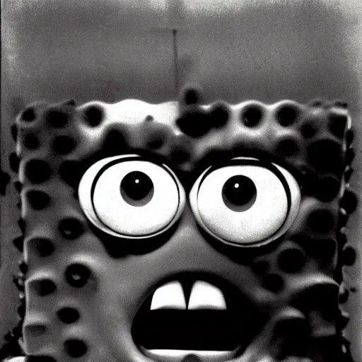 Image similar to demented creepy spongebob, scary, horror, gloomy, dark, terrifying, terror, frightful, realism, poloroid photo, old,