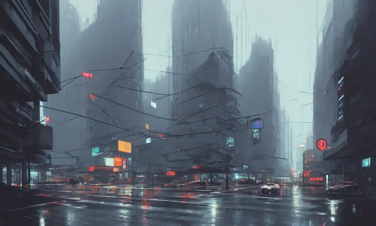 Image similar to photorealistic streetscape, simple brutalist architecture, metal, concrete, wet streets, neon lights, neon signs, flying vehicles, pedestrians, greg rutkowski, syd mead, ralph mcquarrie, concept art, matte painting, finely detailed, minimal artifacts, rule of thirds, dynamic lighting, cinematic, denoised, centered, artstation