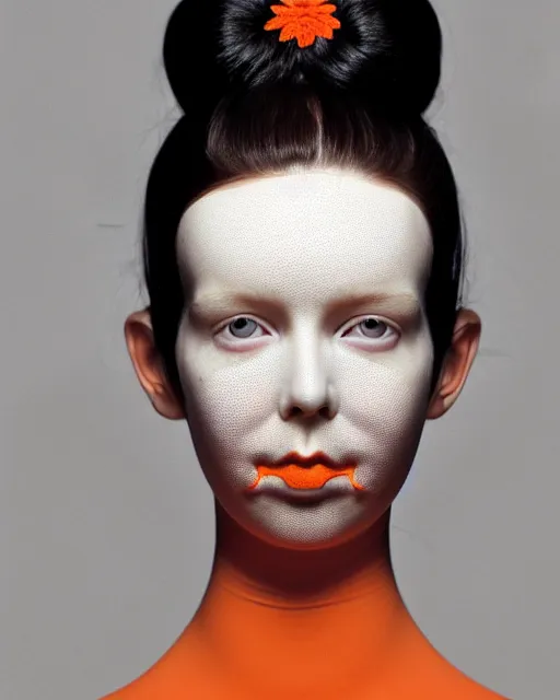 Image similar to symmetrical close - up portrait of a woman wearing a orange silicone embroidered beauty mask and hair buns, wearing a black bodysuit by alexander mcqueen, cream white background, soft light, biotechnology, humanoide robot, bjork aesthetic, translucent, by rineke dijkstra, intricate details, highly detailed, masterpiece,