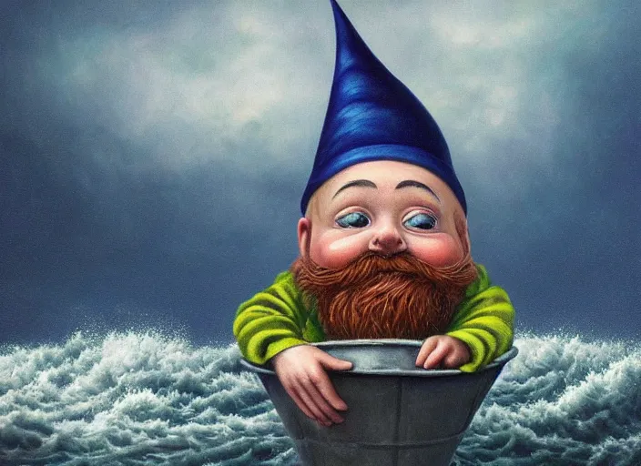 Image similar to a terrified garden gnome sailing in a bucket, background of raging ocean on a stormy day with dramatic clouds, an ultrafine detailed painting by mark ryden, trending on deviantart, pop surrealism, whimsical, lowbrow, rainy, perfect symmetrical face