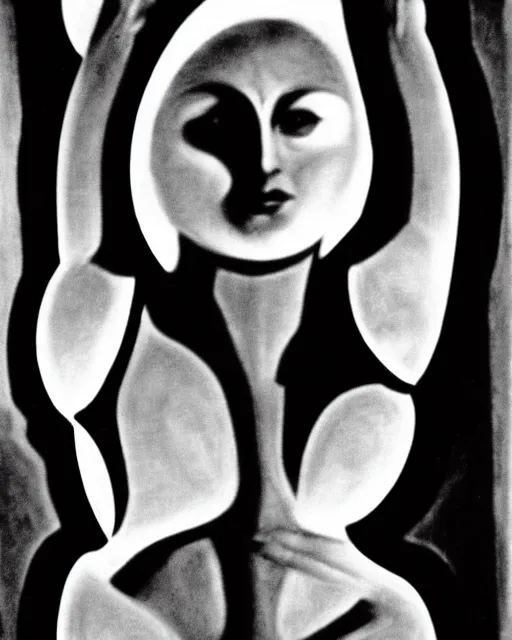 Image similar to a black and white photo of a divine cyborg in the style of dora maar,