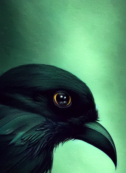 Image similar to side portrait dark crow (animal), close-up, fantasy forest landscape, moonshine, fantasy magic, nice black feather, proud, green dark light night, intricate, elegant, sharp focus, illustration, highly detailed, digital painting, concept art, matte, art by WLOP and Artgerm and Greg Rutkowski and Eddie Mendoza, masterpiece