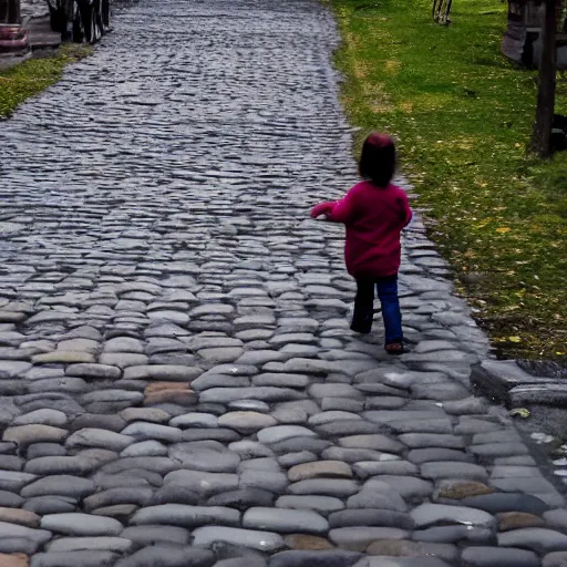 Prompt: spooky image of children playing in cobblestone street while spectral ghosts watch from above