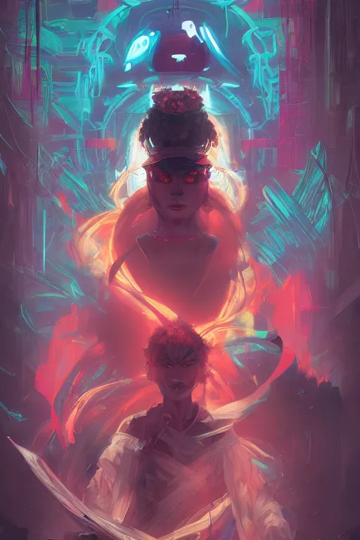 Image similar to portrait of yokai bodhisattva vajrayana dzogchen ninja slayer, japan, in cyberpunk, neon lighting, night city, digital art from artstation by Ruan Jia and Mandy Jurgens and Artgerm and william-adolphe bouguereau and Greg Rutkowski