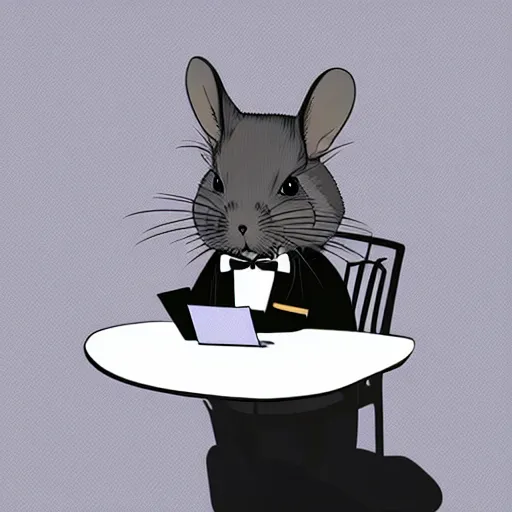 Image similar to portrait of a chinchilla in a sharp business suit, black tie sitting at an office chair, cute anime art