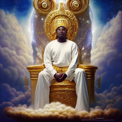 Prompt: obatala the cosmic god wearing all white and gold sitting on a throne of nebula clouds, by Adi granov and thomas blackshear and afarin sajedi in a surreal portrait style, matte painting, volumetric lighting, piercing eyes, detailed face, orisha, 8k, hd