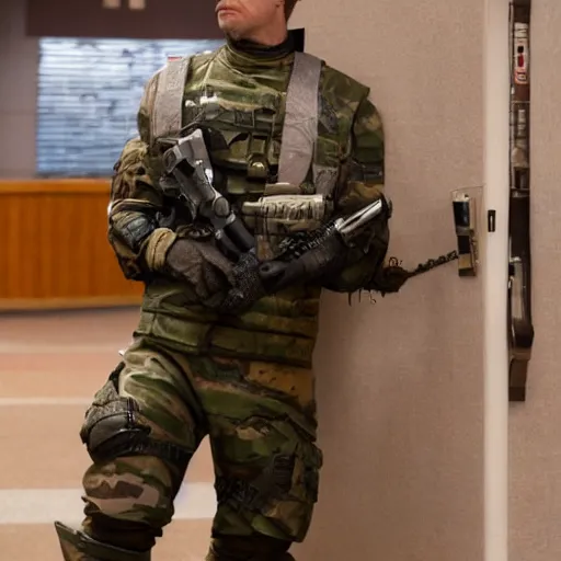 Prompt: Saul Goodman wearing heavy modern military gear and (holding a machine gun), highly detailed, 4k