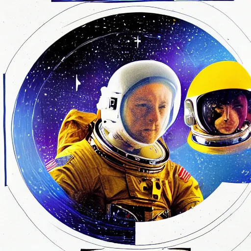 Image similar to double exposure portrait of astronaut and another astronaut with space and time in the the background by davinci, circles, psychedelic, pencil art, high definition, dynamic lighting stars, sharpness, golden ratio