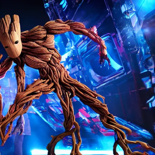 Image similar to groot and optimus prime dancing at techno party among people, wide shoot, after effect, ultra realistic 3 d