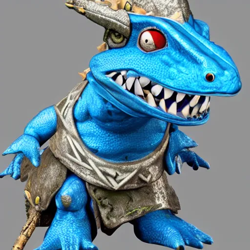 Image similar to a blue lizard warrior who is wearing a silly hat, highly detailed, fantasy, dnd, wearing armor, holding a sword