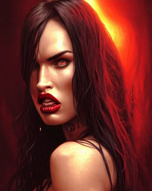 Image similar to portrait of red skinned megan fox as purgatori, vampire, horns, red skin, chaos comics, purgatori, coffin comics, hell, intricate, headshot, highly detailed, digital painting, artstation, concept art, sharp focus, cinematic lighting, illustration, art by artgerm and greg rutkowski, alphonse mucha, cgsociety