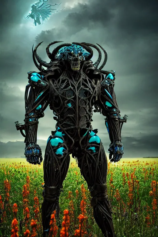 Image similar to neo - gothic giant muscular humanoid chimera, exoskeleton armor, holding katana, standing in a field of flowers, highly detailed smooth concept art masterpiece, vitaly bulgarov giger dramatic dark teal light, ground angle hd 8 k, sharp focus