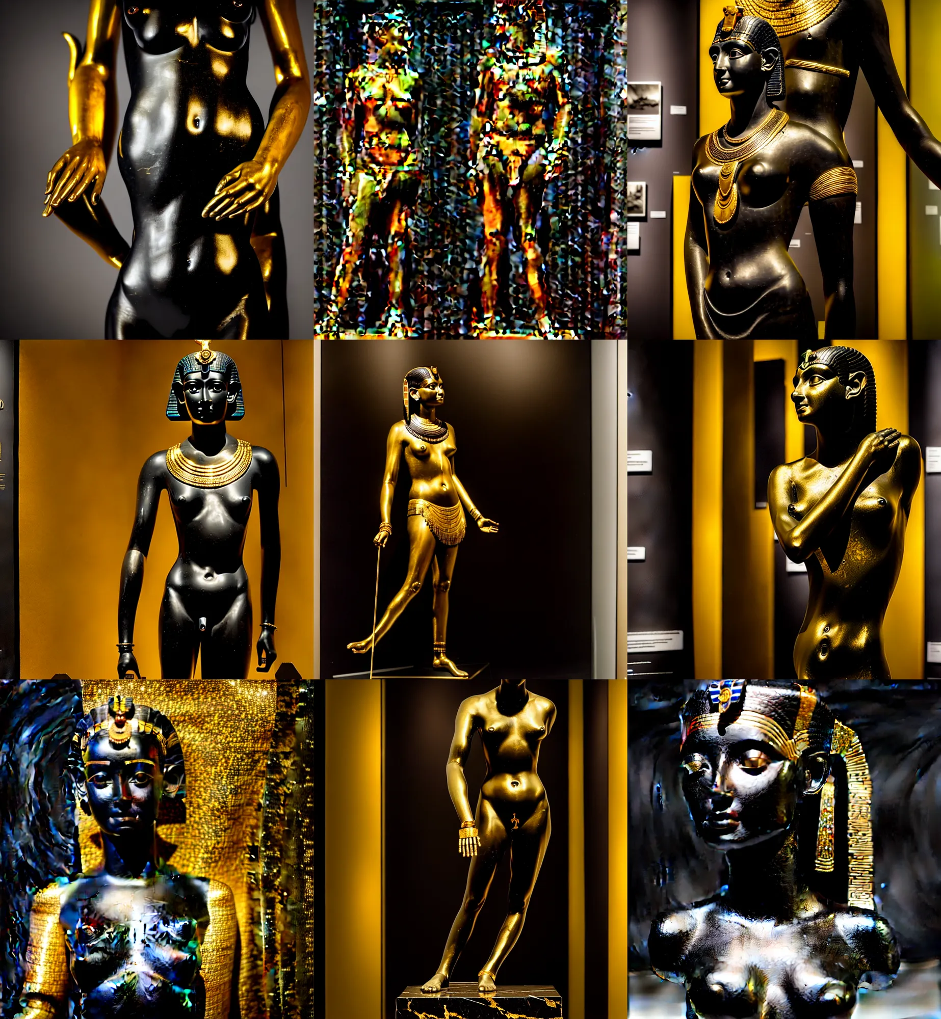 Image similar to a photo at the museum showing a black marble and gold full body sculpture of cleopatra. good quality, good light, anatomically correct, 8 k