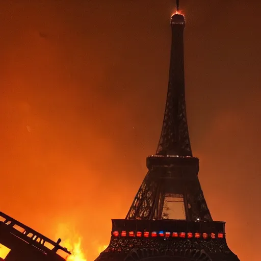 Prompt: A Guy standing a top of Eiffel tower, Zombie apocalypse, Zombie everywhere, Fire everywhere, Building destroyed, People screaming, Horde of zombies