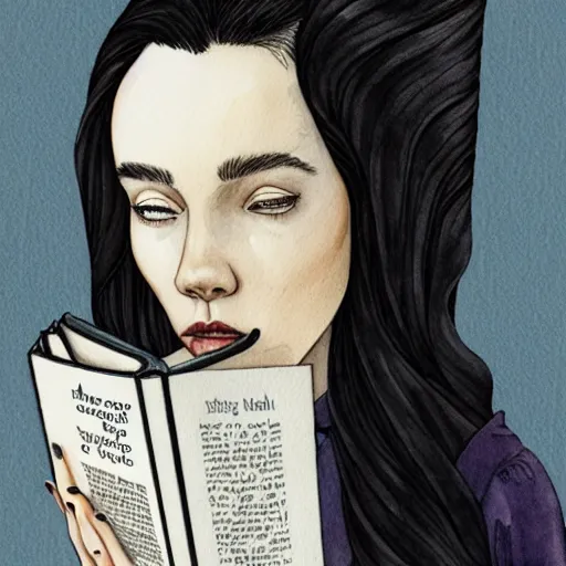 Image similar to full body detailed watercolor illustration of alien jennifer connelly mixed with anya taylor - joy, reading a book, unsettling, hooded long black feathered cloak, uncanny valley, with black feathers instead of hair, gothic, guillermo del toro, gray mottled skin, pale and sickly, profile view, - - ar 9 : 1 6