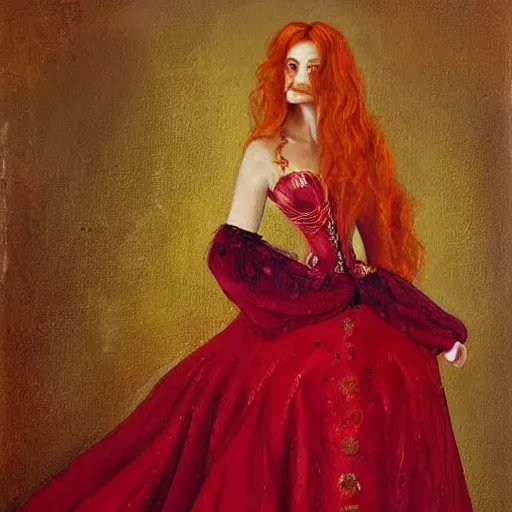 Image similar to portrait of a beautiful young long dress woman _ red _ haired duchess, woman, by cheval michael