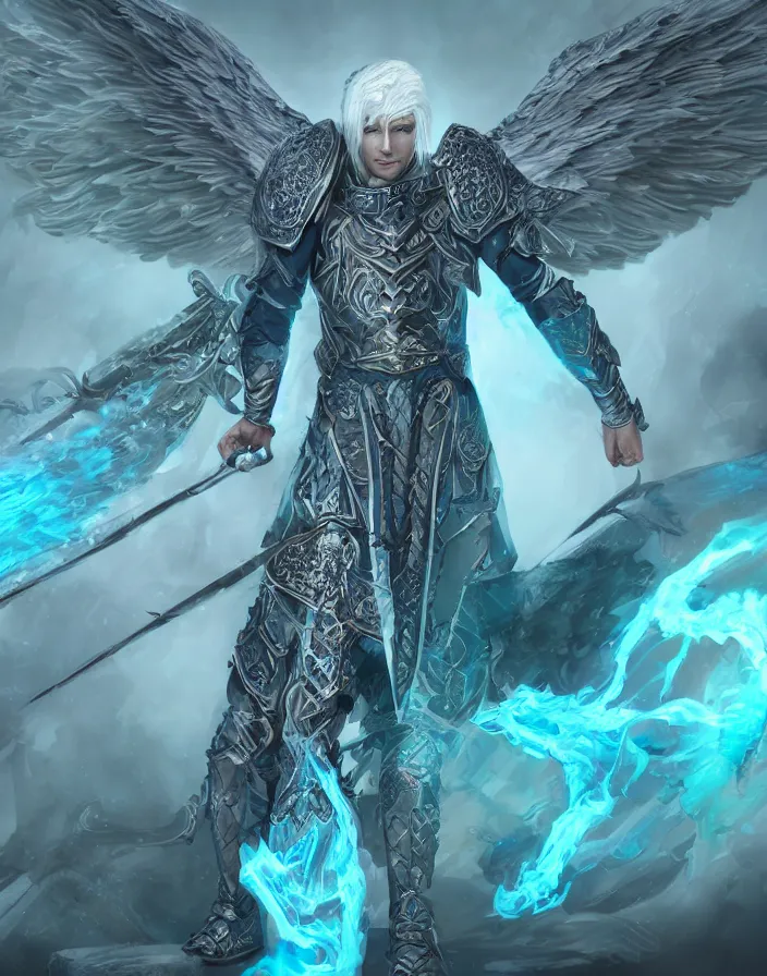 Prompt: An epic fantastic realism comic book style portrait painting of a male hexblade warlock aasimar, massive angel wings, teal energy, silver hair, middle aged, 8k, 4k, D&D Concept Art, unreal 5, DAZ, hyperrealistic, octane render, cosplay, RPG portrait, dynamic lighting