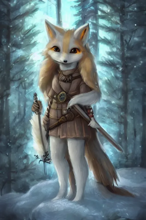 Image similar to a pretty medieval anthropomorphic snow fox ranger with a fluffy tail in the forest, comic art, trending on furaffinity, cartoon, kawaii, backlighting, furry art!!!, radiant light, bokeh, trending on artstation, digital art