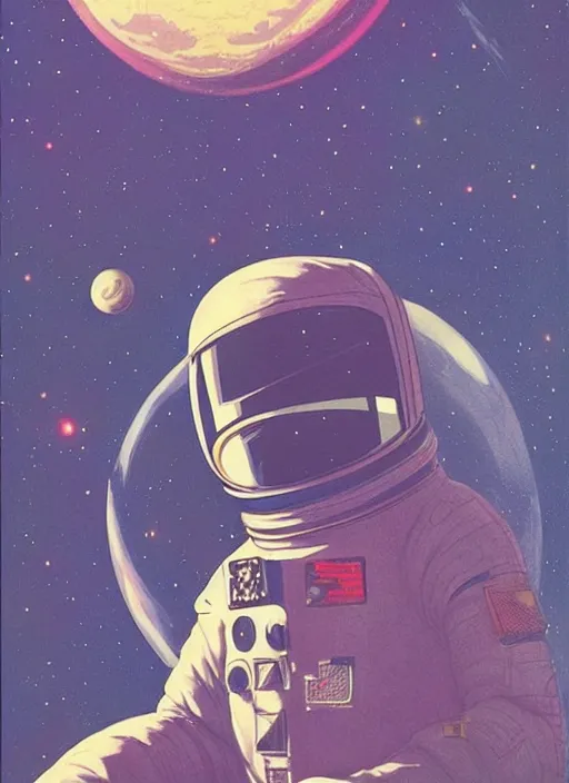 Prompt: a meditating astronaut, by vincent di fate, artgerm julie bell beeple, 1 9 8 0 s, inking, vintage 8 0 s print, screen print