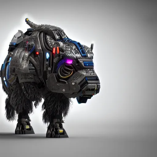 Prompt: a cybertronic bison, leds, high detail, sharp, studio, digital art, octane render, redshift, blender-hard-surface, cinema-4d, houdini-hard-surface, machin3, mx2