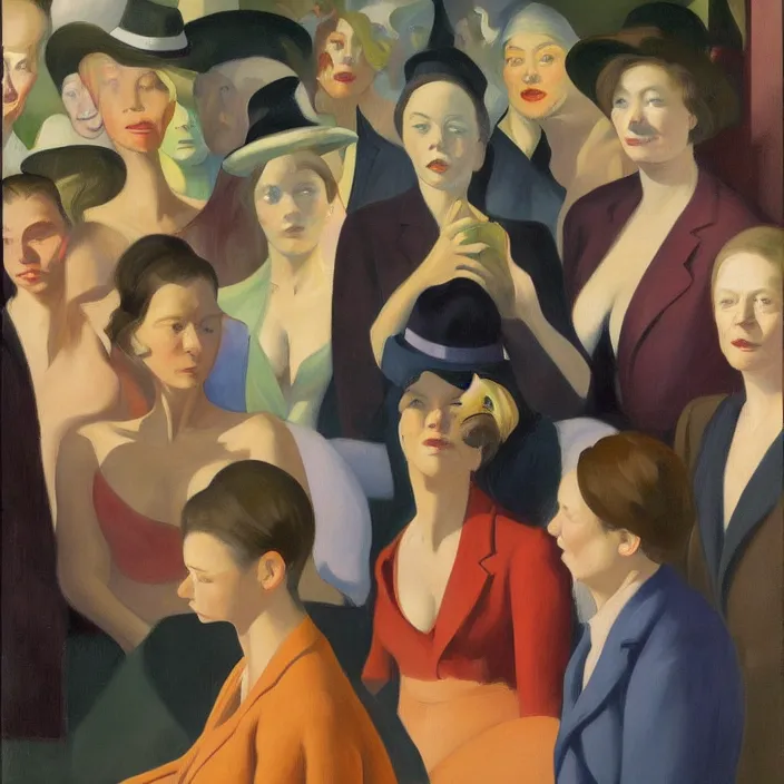 Prompt: group of people pictured in afternoon light, mostly women, close - up of the faces, anatomically and proportionally correct : : surrealist oil painting by edward hopper, malcolm liepke, francis bacon and rene magritte, detailed