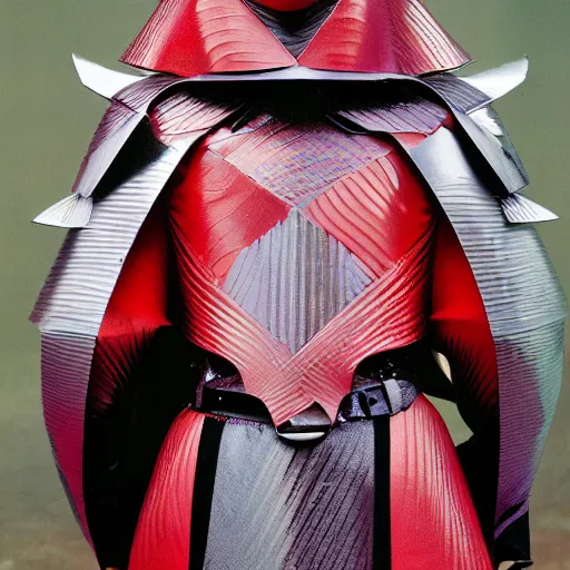 Prompt: a paladin wearing issey miyake armor in the rain, portrait, fashion photography, by martin parr