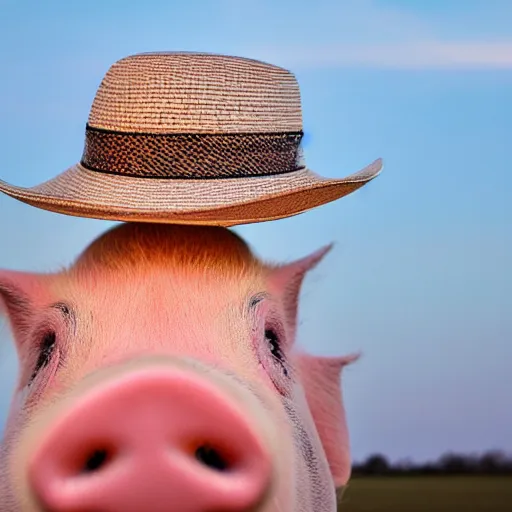 Image similar to a pig wearing a straw hat at blue hour, twilight, cool, award winning 4 k photo, twilight cool light