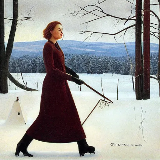 Image similar to emma stone in boots walking to outdoor toilet, winter, russian depression, chthonic, by grant wood, shulzhenko, nikolay kopeykin, lozhkin, vdovenko