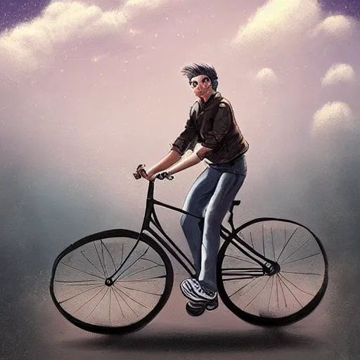Prompt: A striking painting of a happy man flying in the sky on his bicycle in the clouds, digital art by Ross Tran